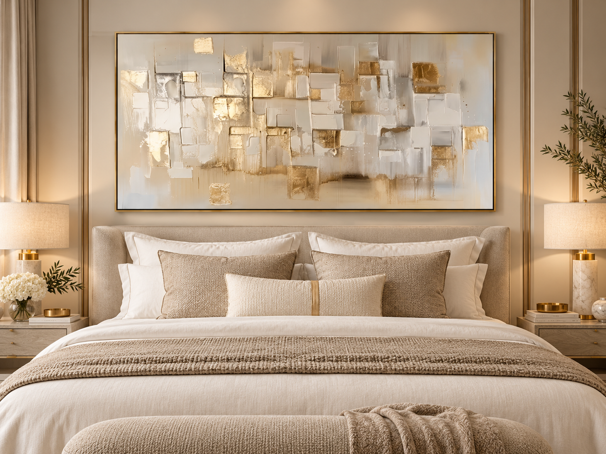 LUMINA neutral textured gold wall art above a luxury bedroom bed