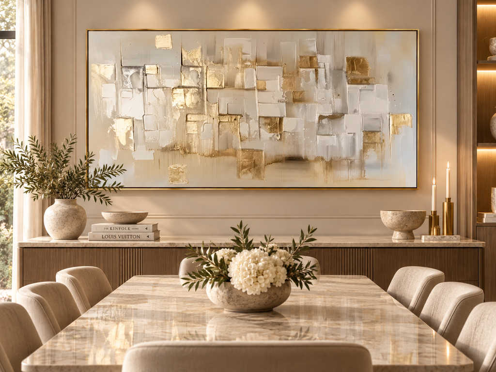 LUMINA textured beige and gold abstract wall art in a luxury dining room