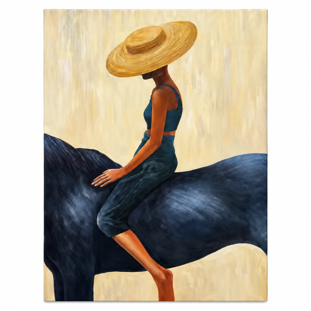 SERAYA artwork only on a white background, woman in a golden hat riding a navy horse. Decorative frame not shown.
