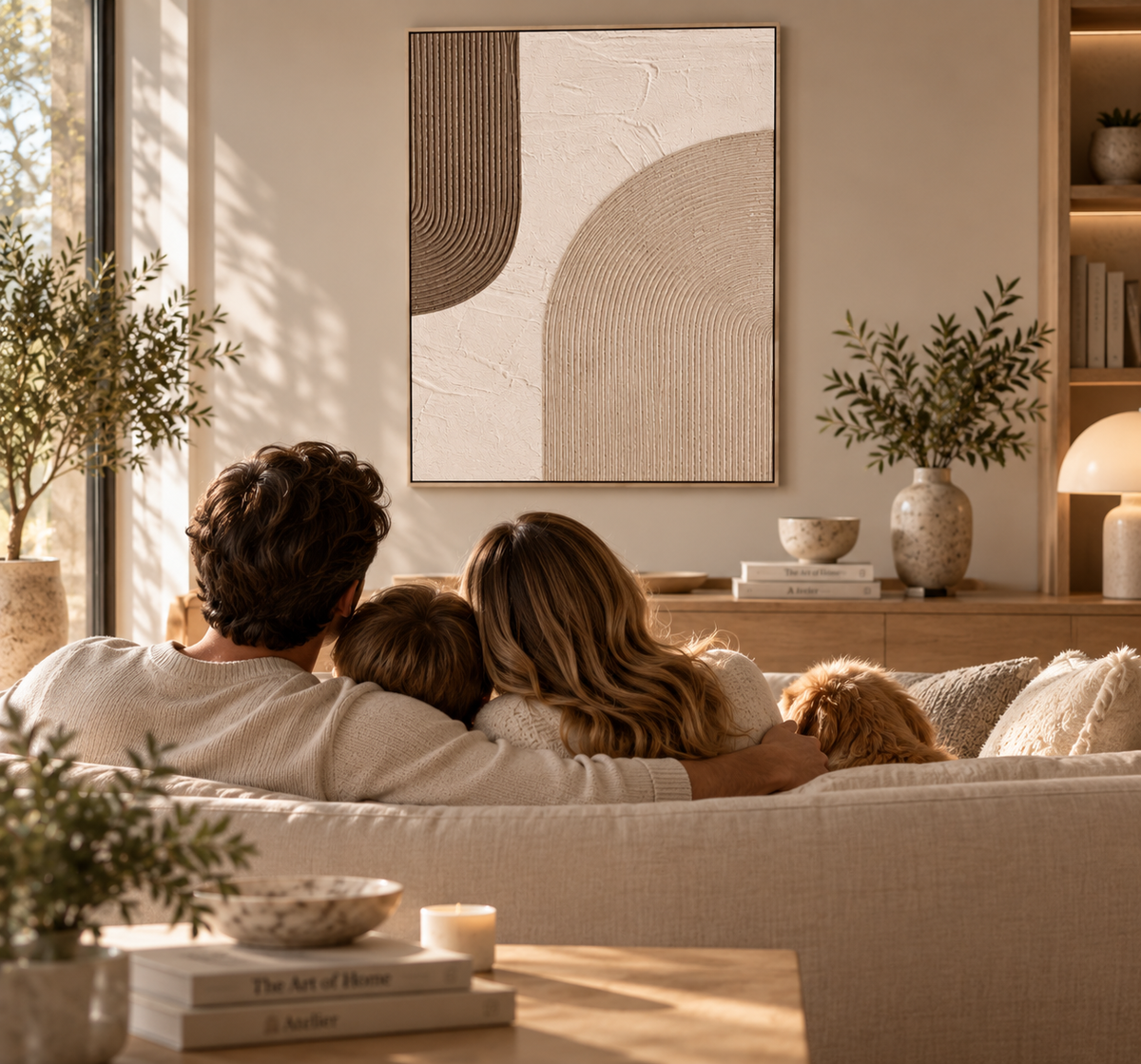 Family relaxing together on a sofa facing a TERRAVA textured artwork