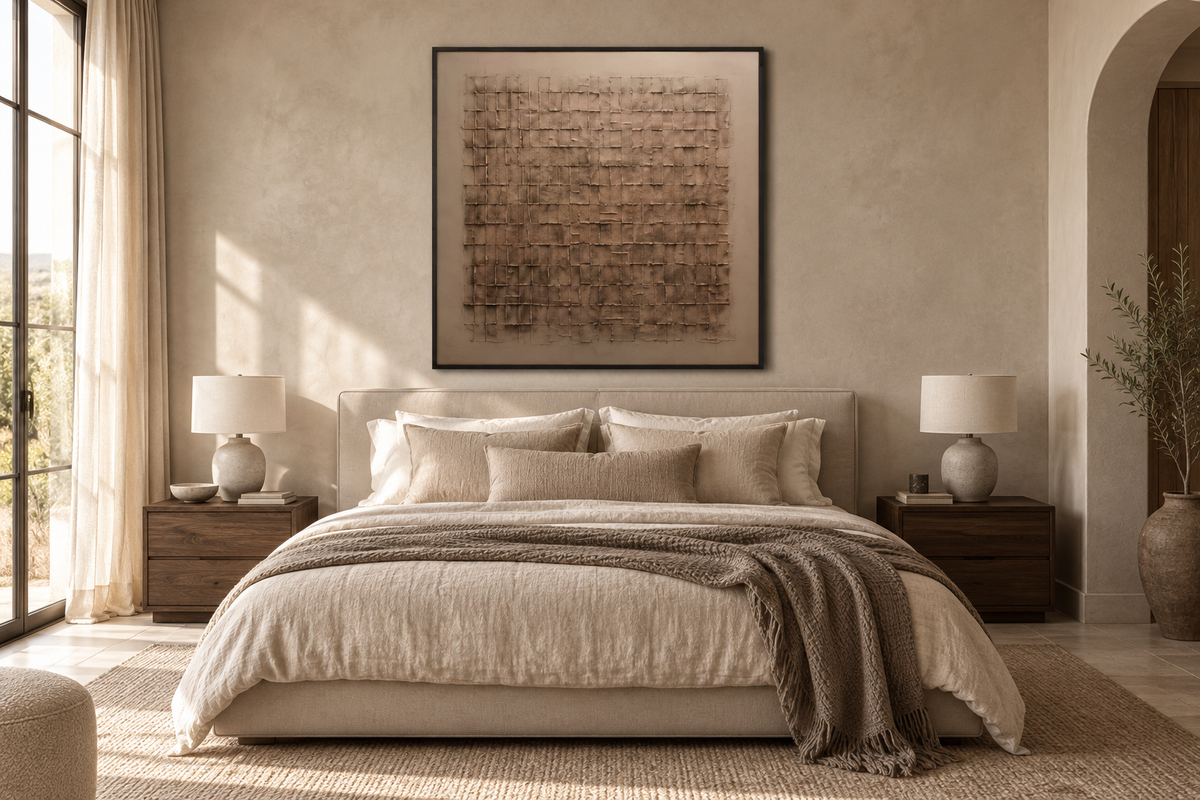 TESSARA taupe beige textured wall art in a serene bedroom