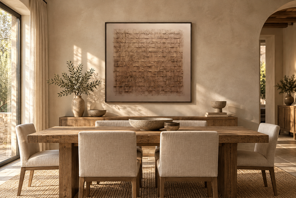 TESSARA taupe beige textured wall art in an elegant dining room