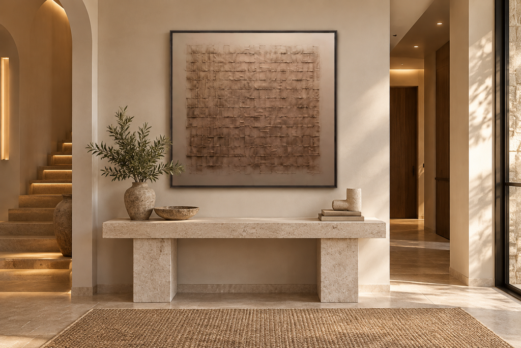 TESSARA taupe beige textured wall art in a refined entryway