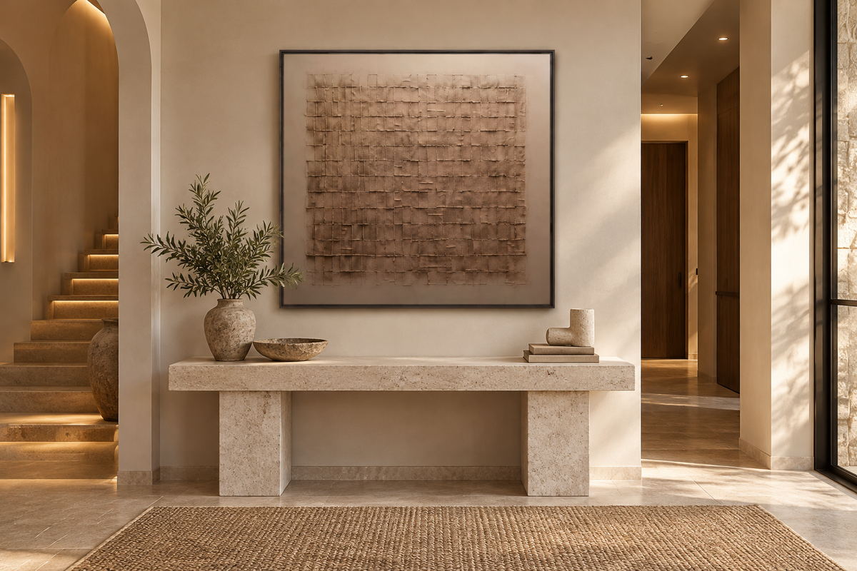 TESSARA taupe beige textured wall art in a refined entryway