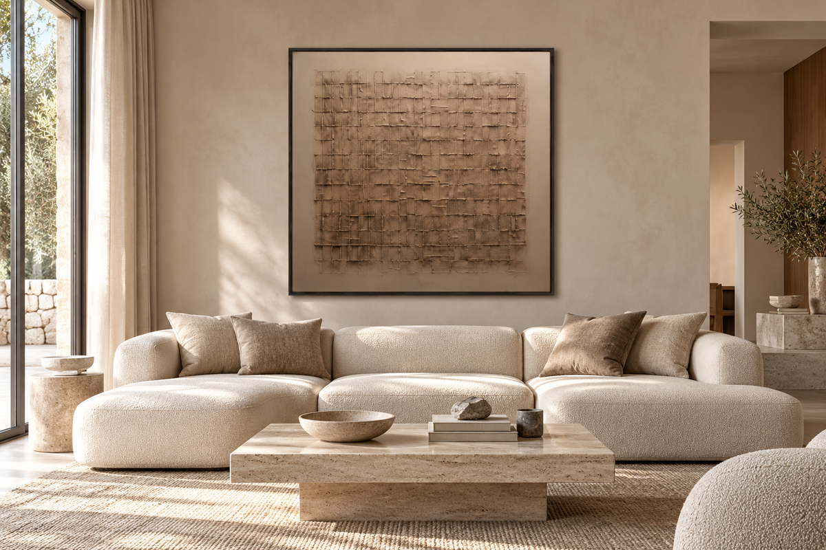 TESSARA taupe beige textured wall art in a refined living room