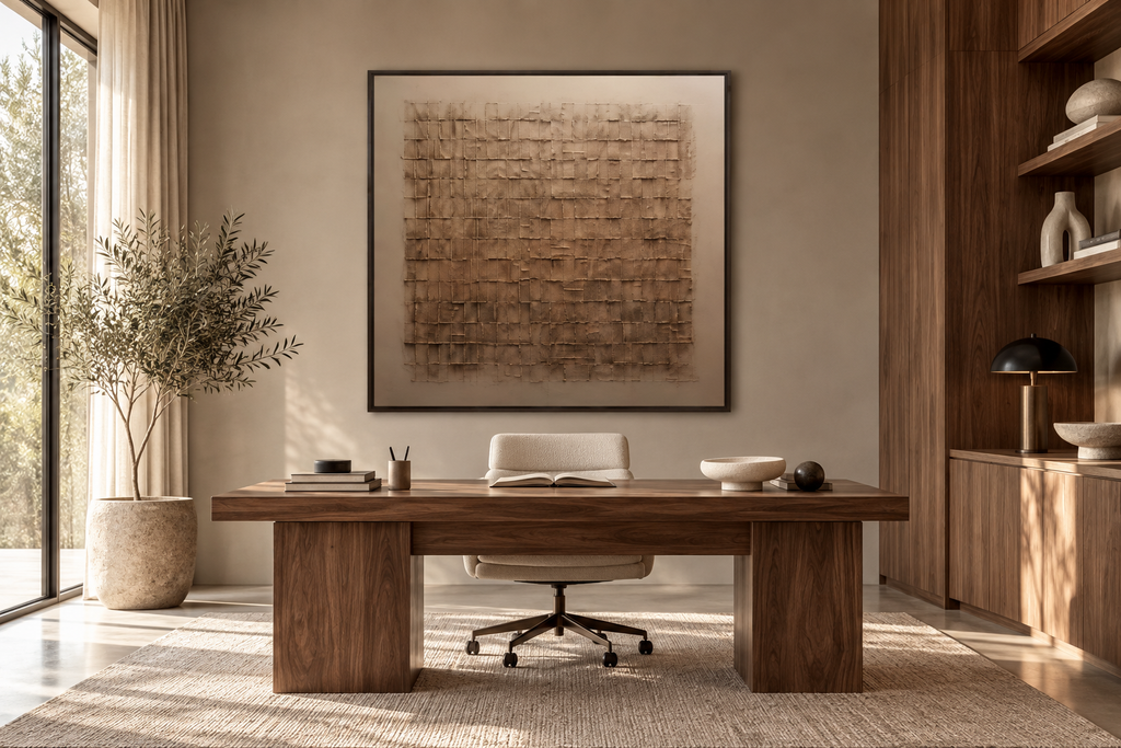 TESSARA taupe beige textured wall art in a contemporary office