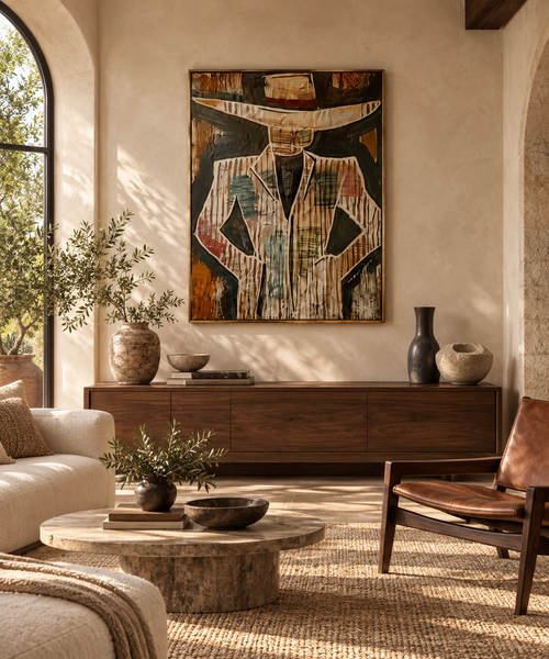 Vareno man with hat wall art in a contemporary living room
