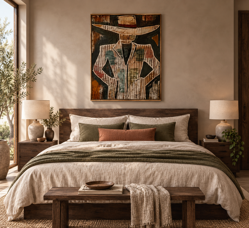Vareno geometric masculine portrait above an elegant bedroom