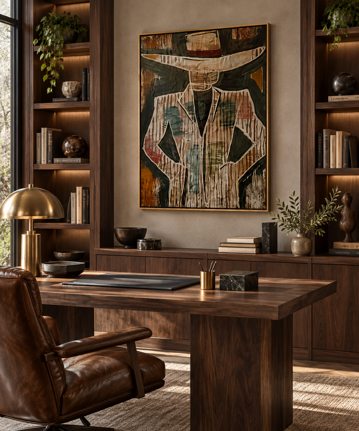 Vareno textured man portrait wall art in a luxury home office