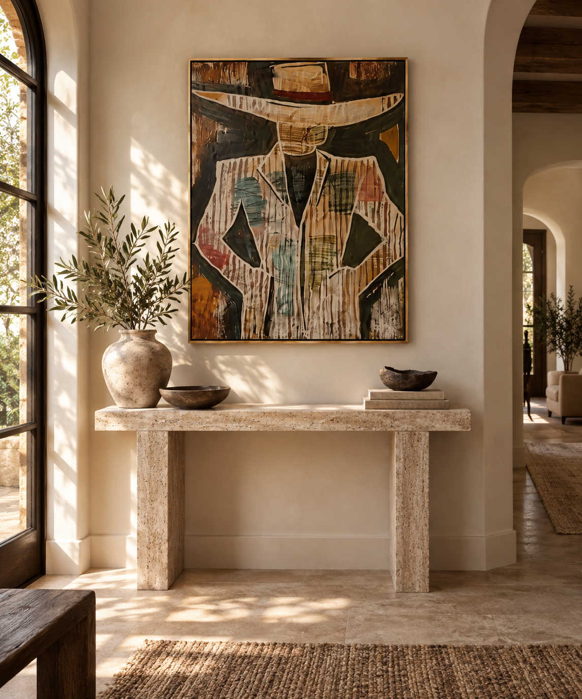 Vareno beige and brown man with hat wall art in a European entryway