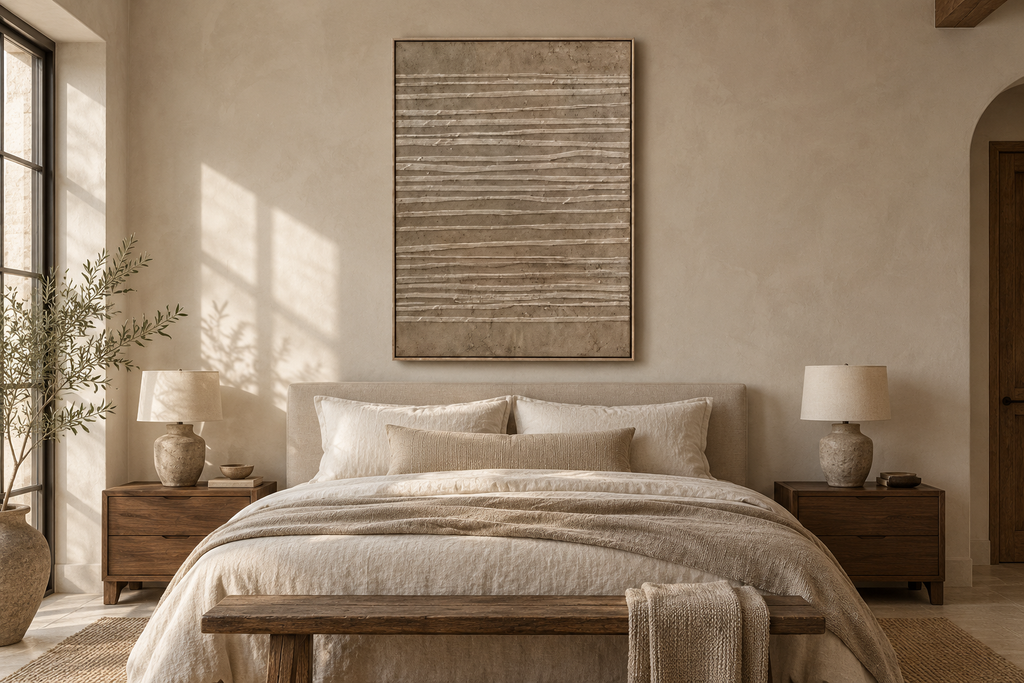 VELIN taupe linear textured wall art in a bedroom