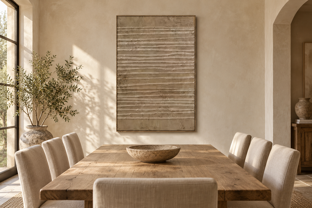 VELIN taupe linear textured wall art in a dining room
