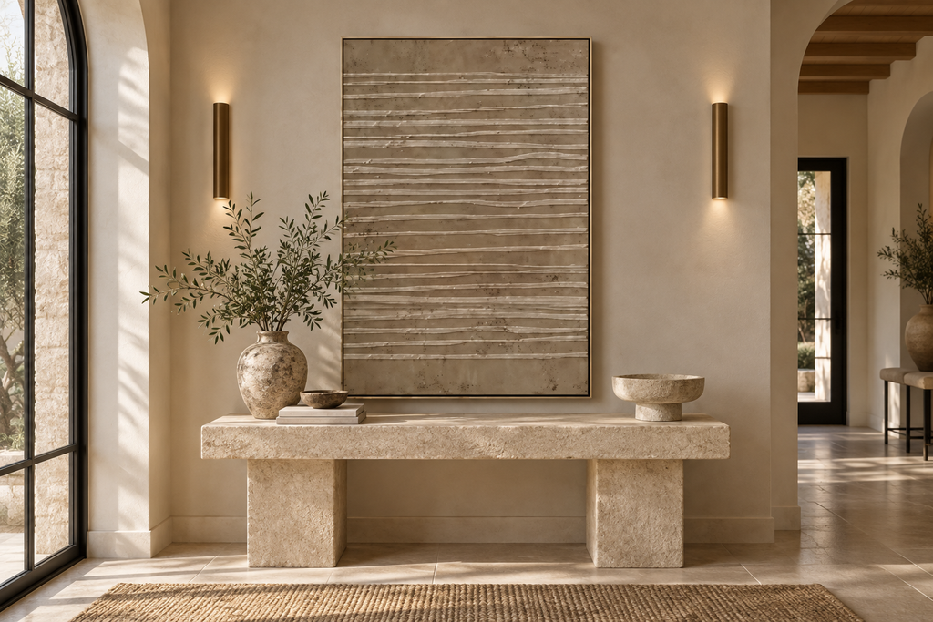 VELIN taupe linear textured wall art in an entryway