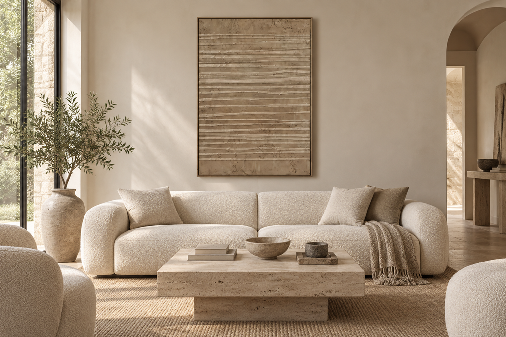 VELIN taupe linear textured wall art in a living room