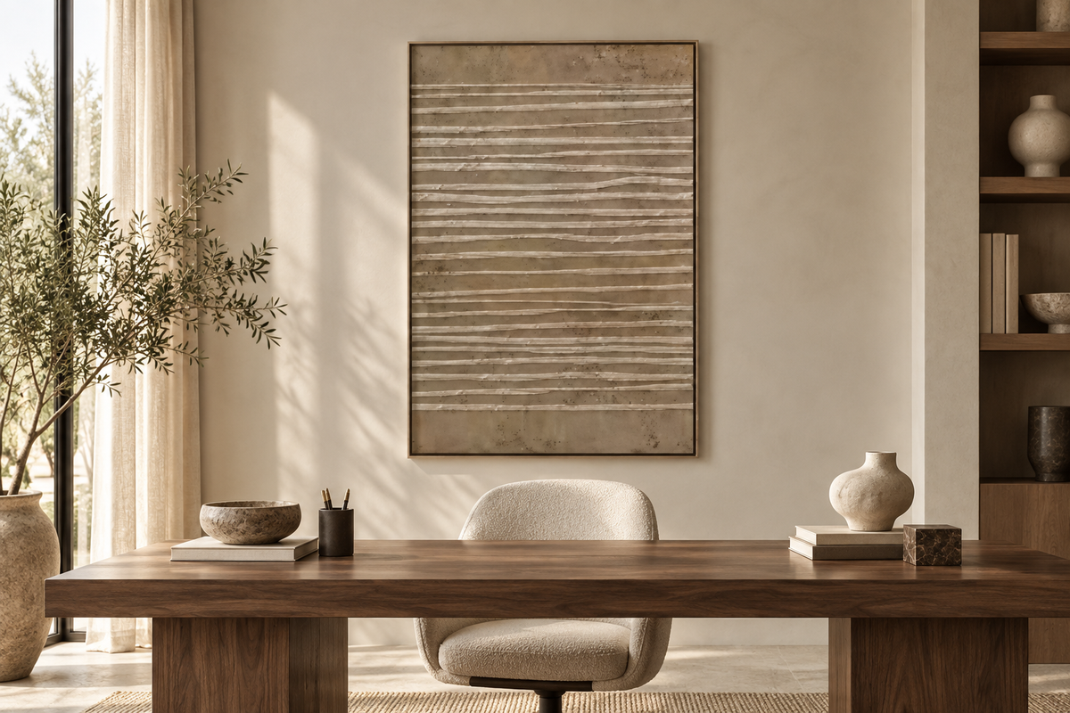 VELIN taupe linear textured wall art in an office