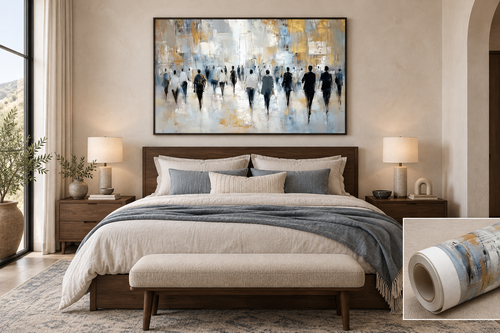 VELORA abstract wall art above a walnut bed