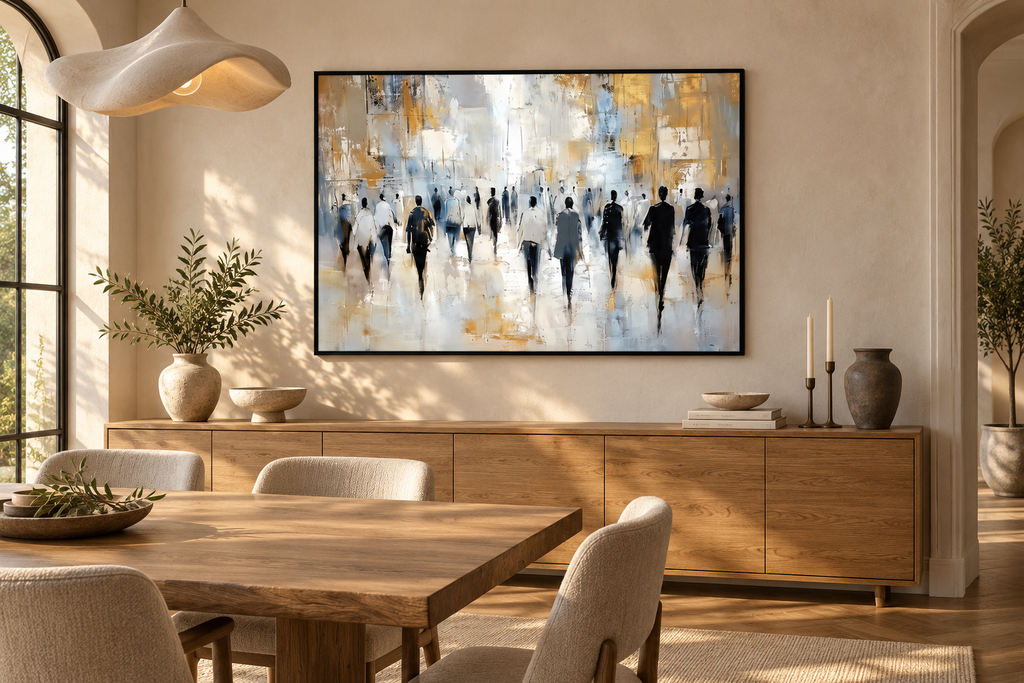 VELORA black framed abstract painting in a modern dining room
