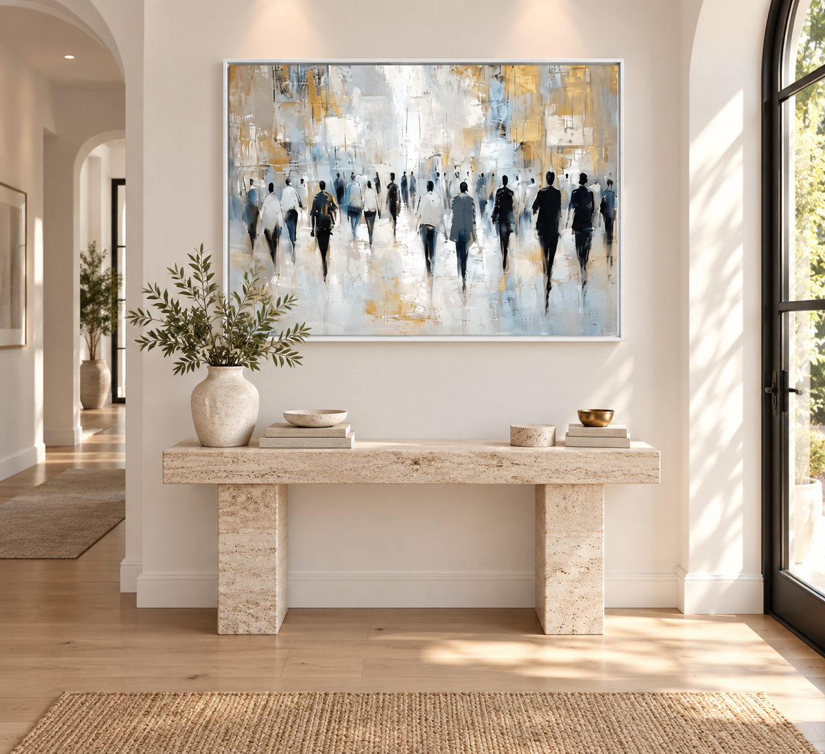 VELORA white framed wall art above an entryway console
