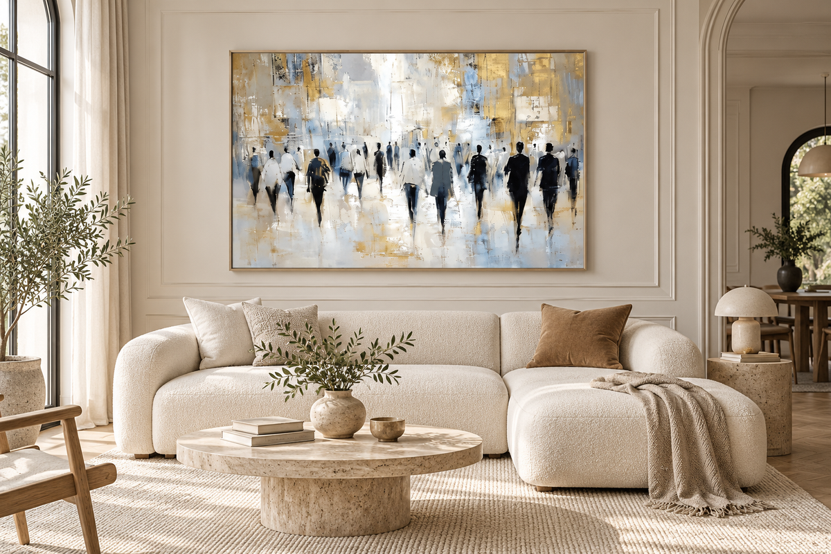 VELORA framed abstract wall art above a cream sofa