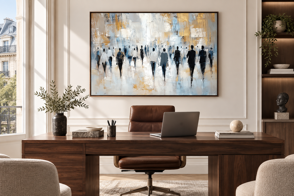 VELORA brown framed abstract artwork in a refined home office