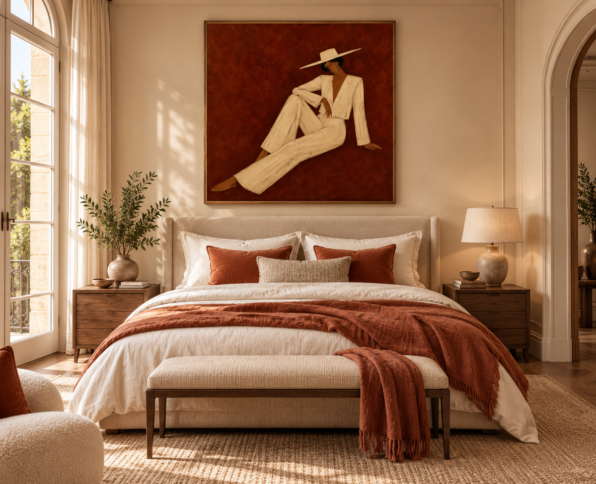 Veloria cream hat figurative wall art above an elegant bedroom