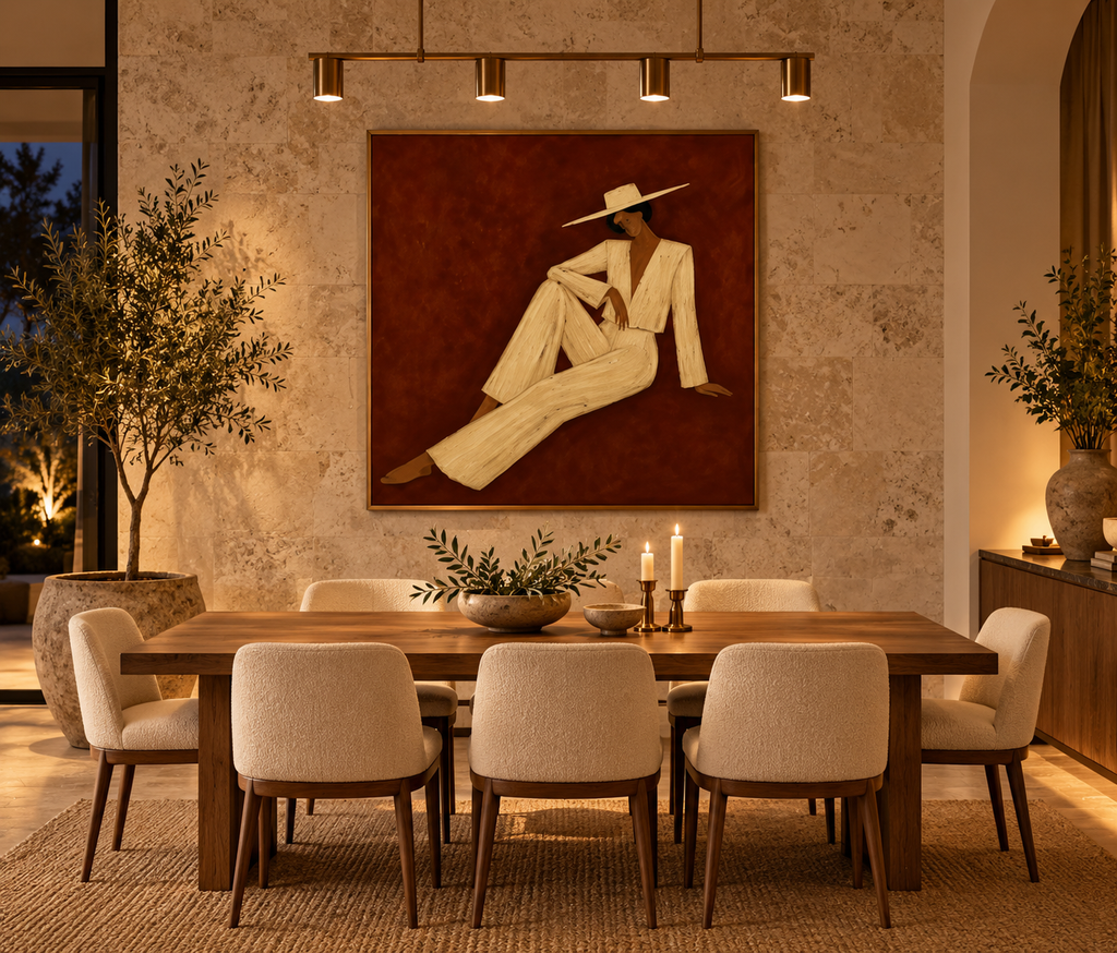 Veloria seated woman painting in a refined dining room