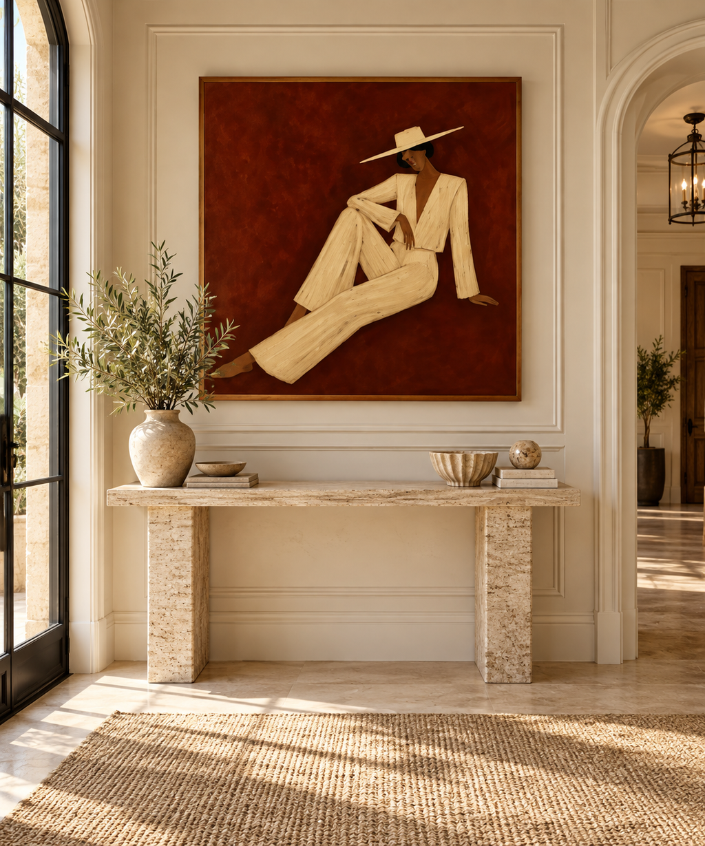 Veloria vintage woman wall art in a European entryway