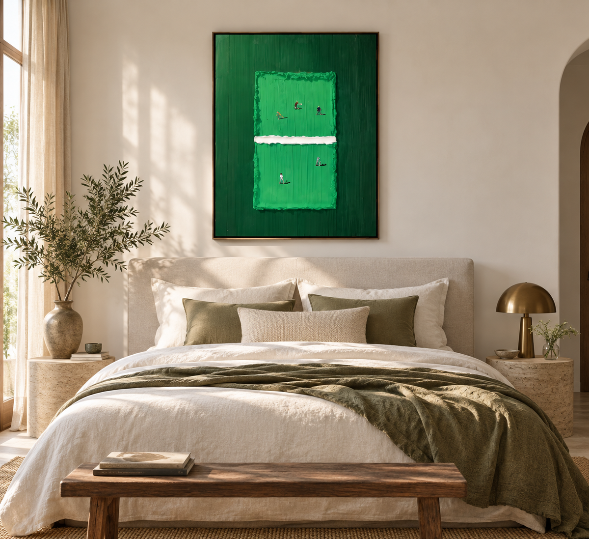 MIRELIA emerald artwork above a refined bedroom