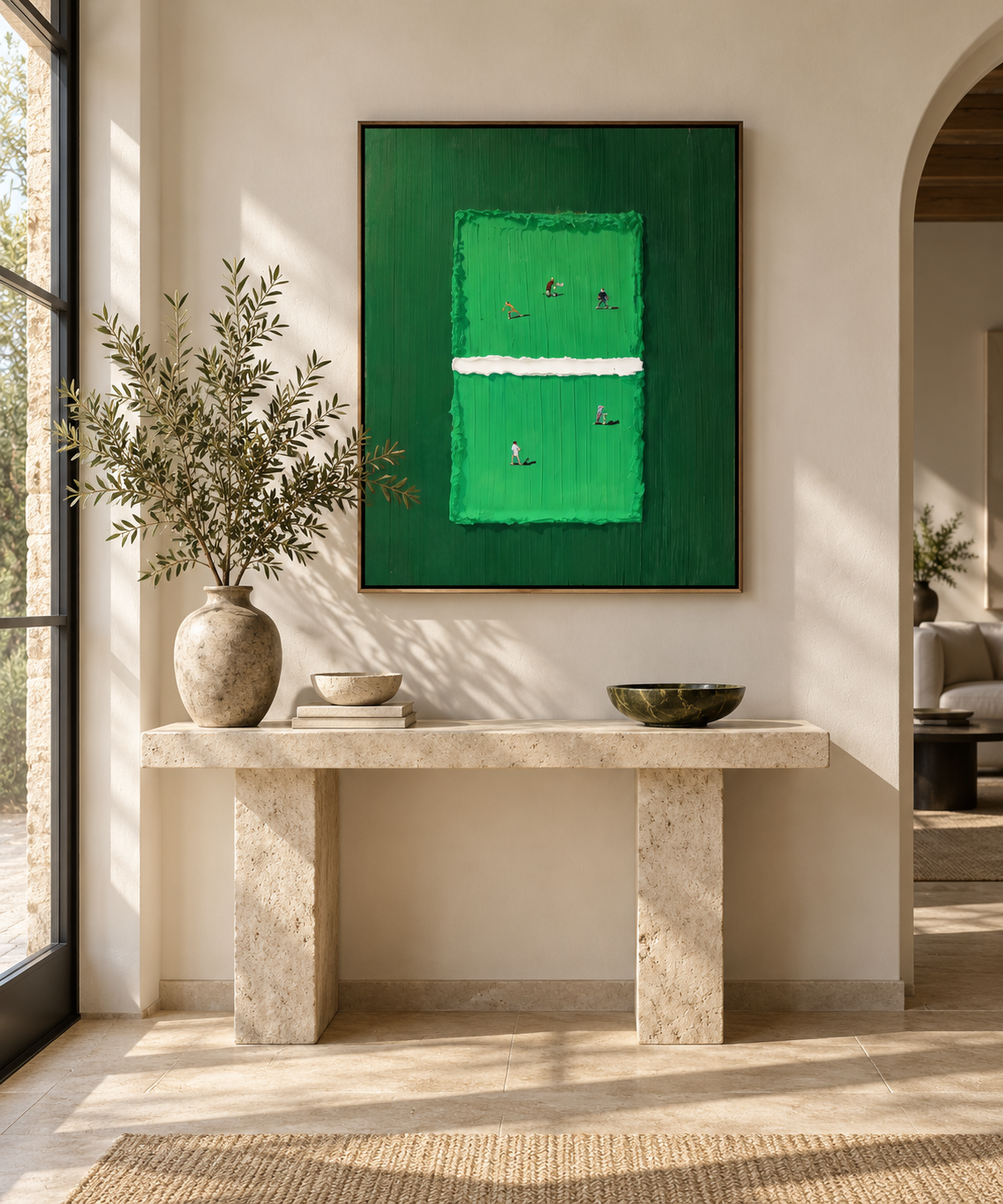 MIRELIA emerald wall art above a stone entryway console