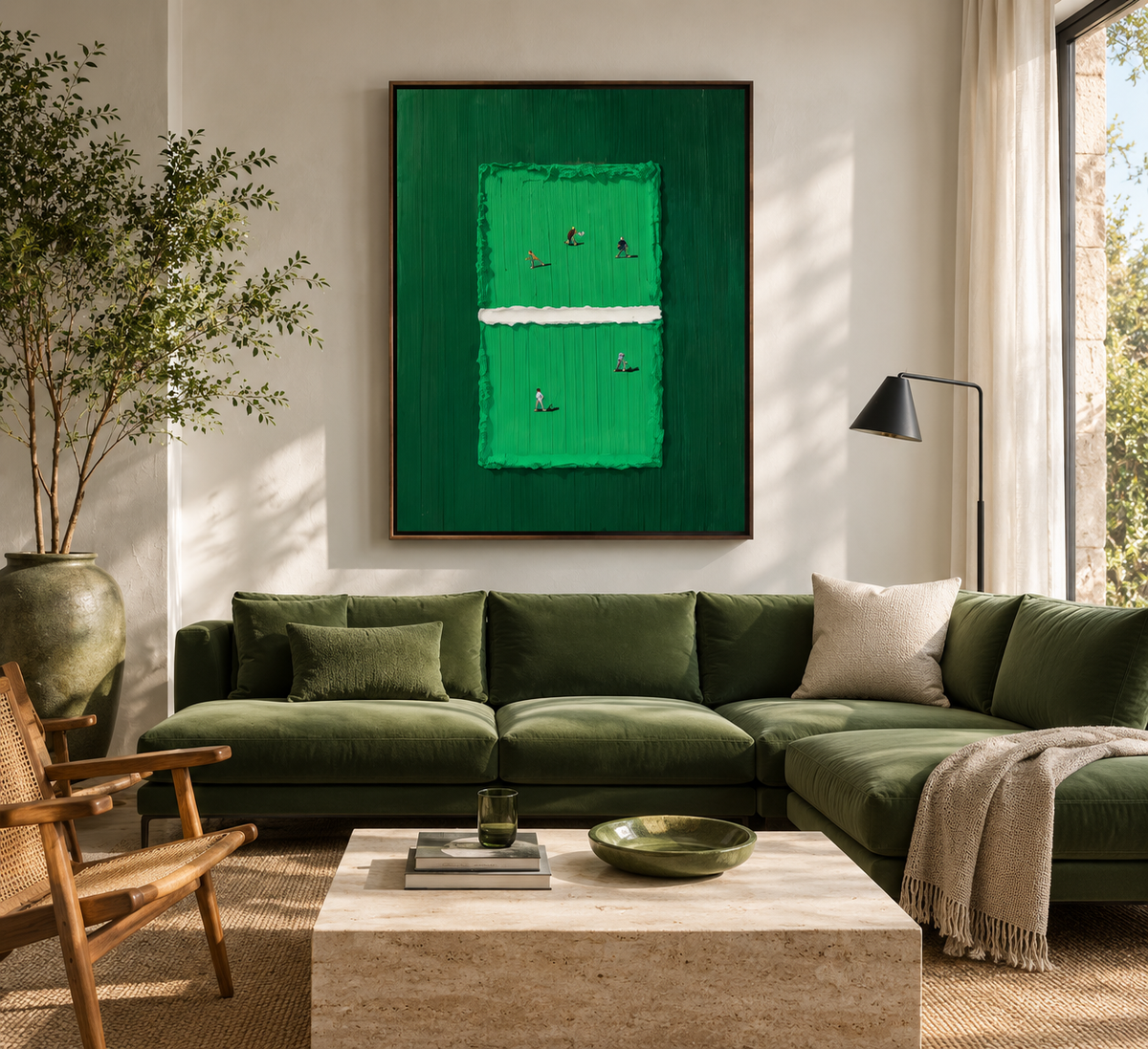MIRELIA green textured wall art above an olive sofa