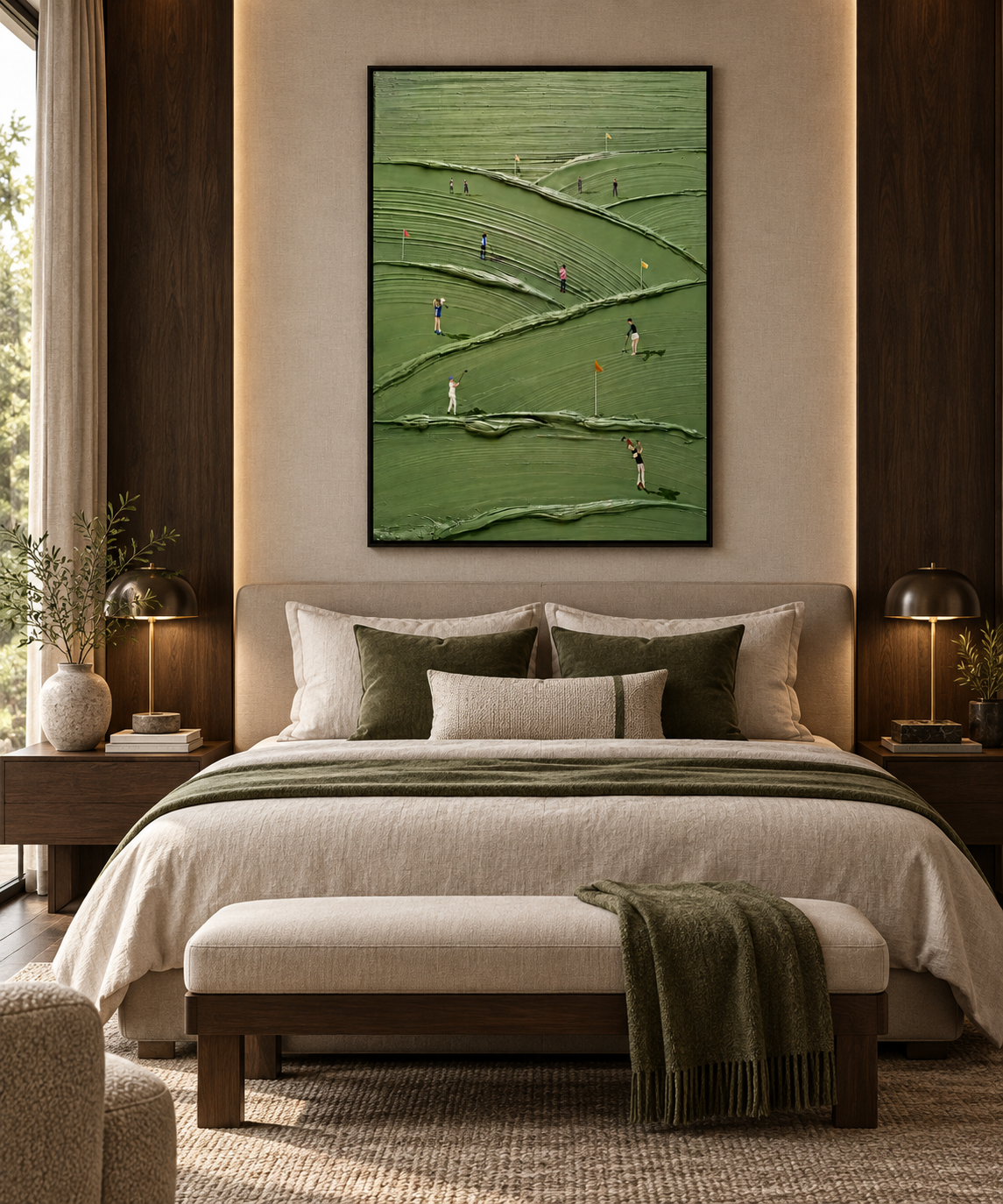 VERDIA textured emerald golf landscape wall art in a luxury bedroom
