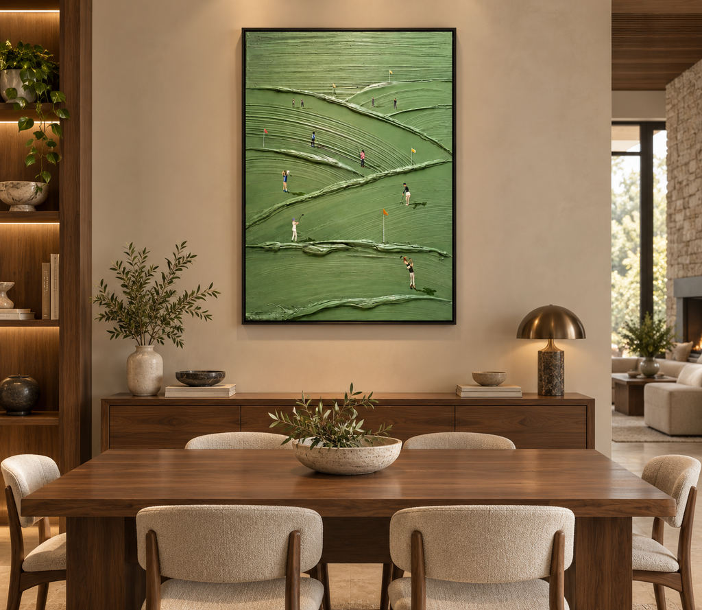 VERDIA layered green golf landscape wall art in an elegant dining room