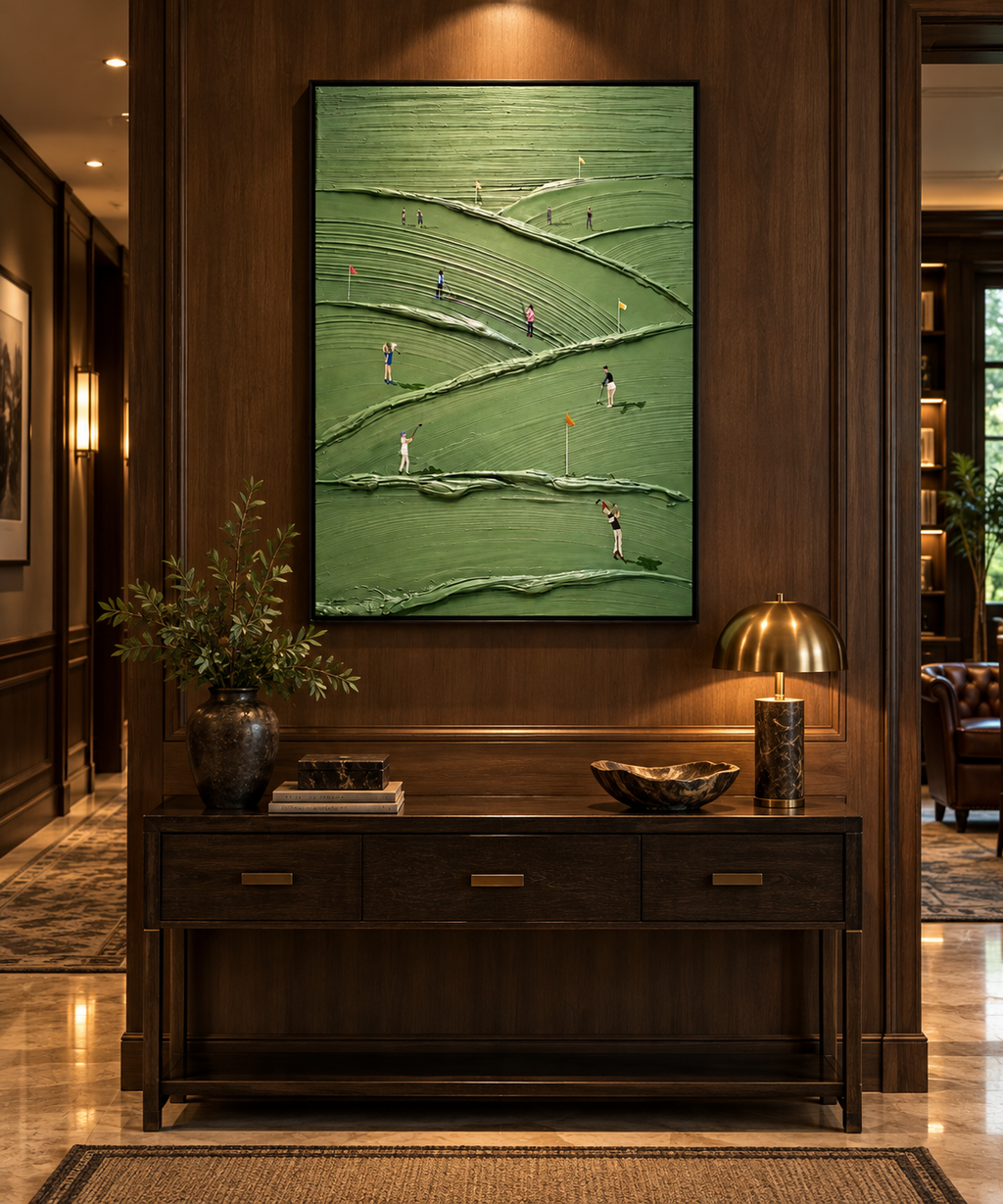 VERDIA green golf course relief wall art in a sophisticated entryway