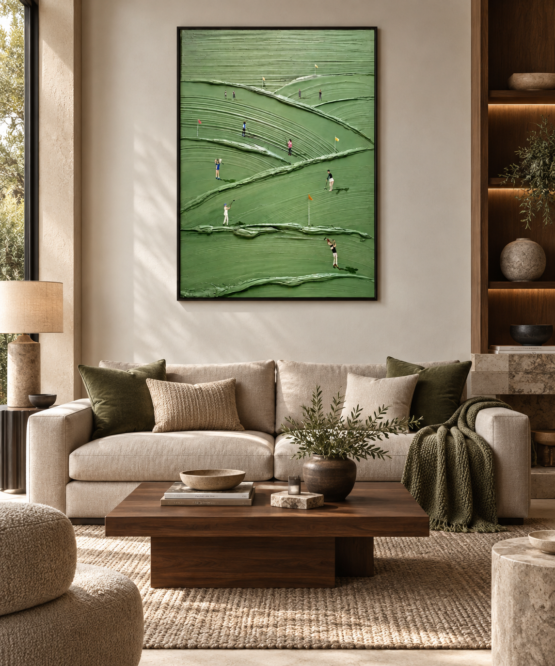 VERDIA emerald green golf landscape textured wall art above a neutral sofa