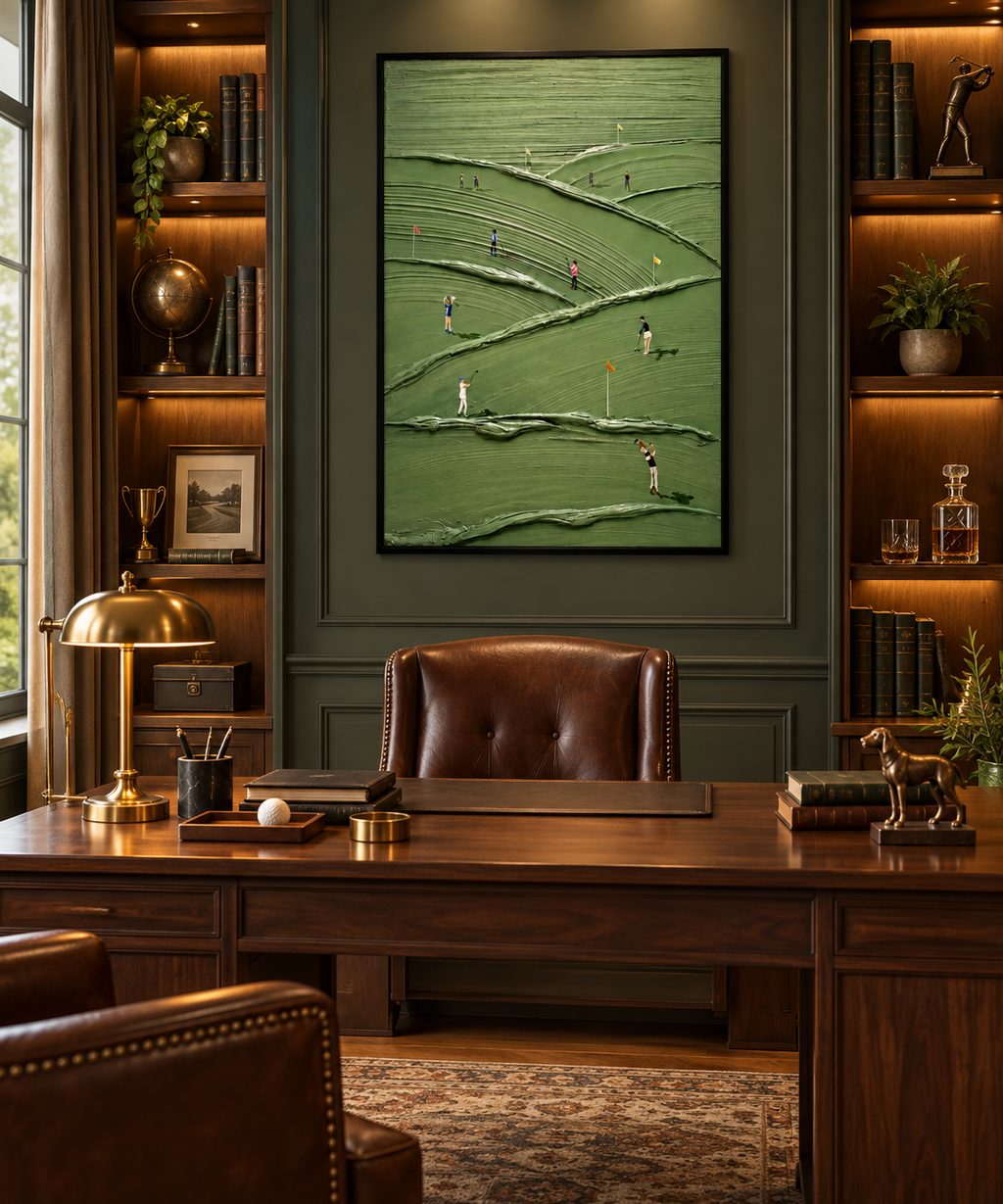 VERDIA green golf course relief wall art in a refined private study