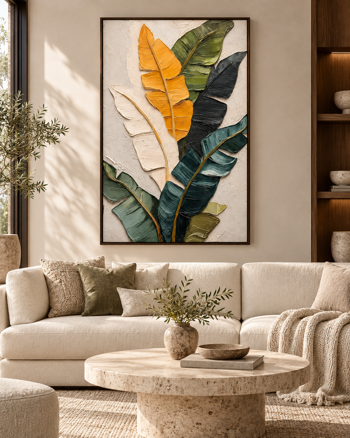 VERDORIS textured banana leaf wall art in a living room