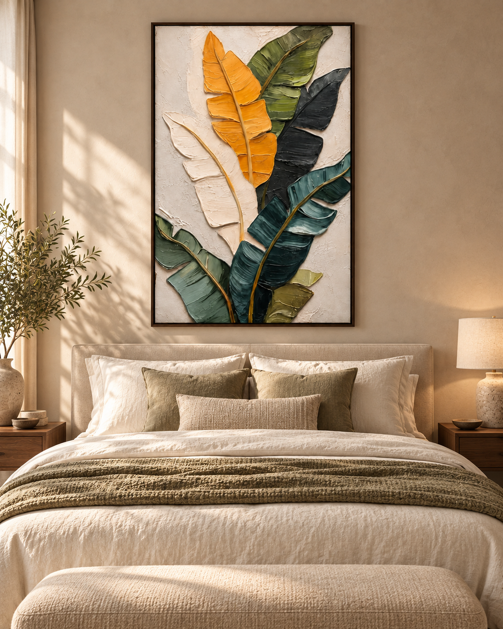 VERDORIS textured banana leaf wall art in a bedroom