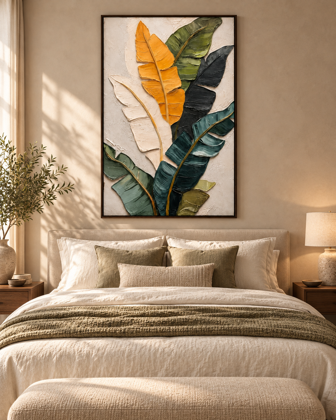 VERDORIS textured banana leaf wall art in a bedroom