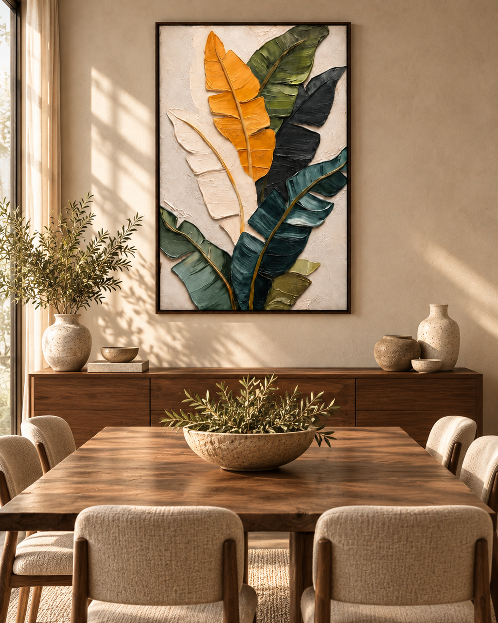 VERDORIS textured banana leaf wall art in a dining room