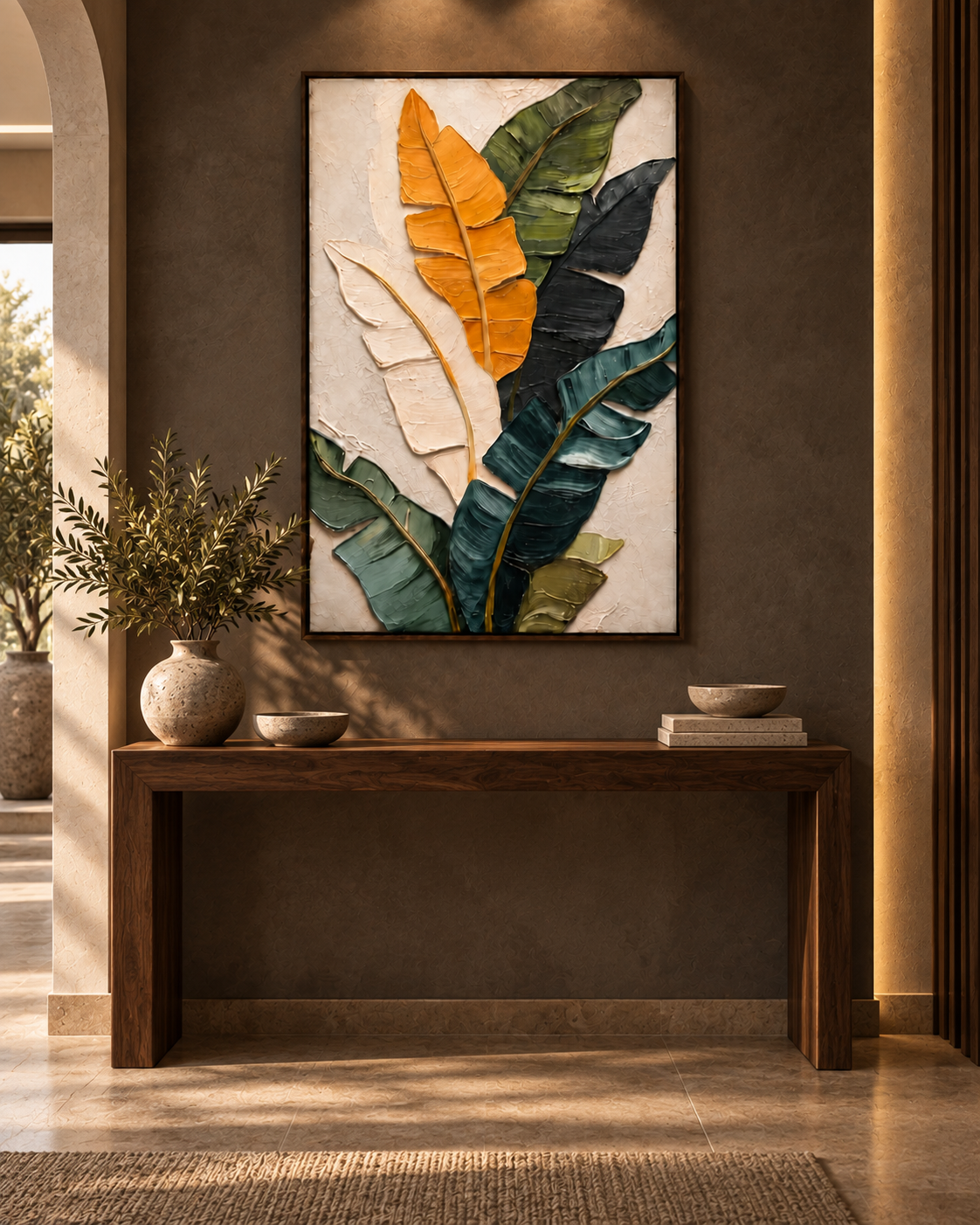 VERDORIS textured banana leaf wall art in an entryway