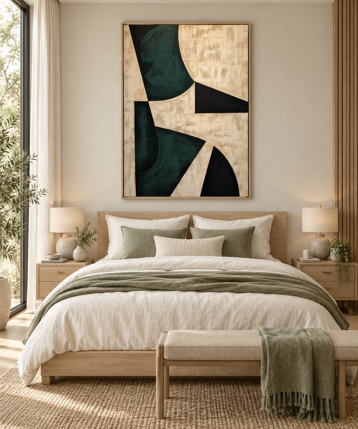 VERNA green and ivory geometric artwork above a modern bed