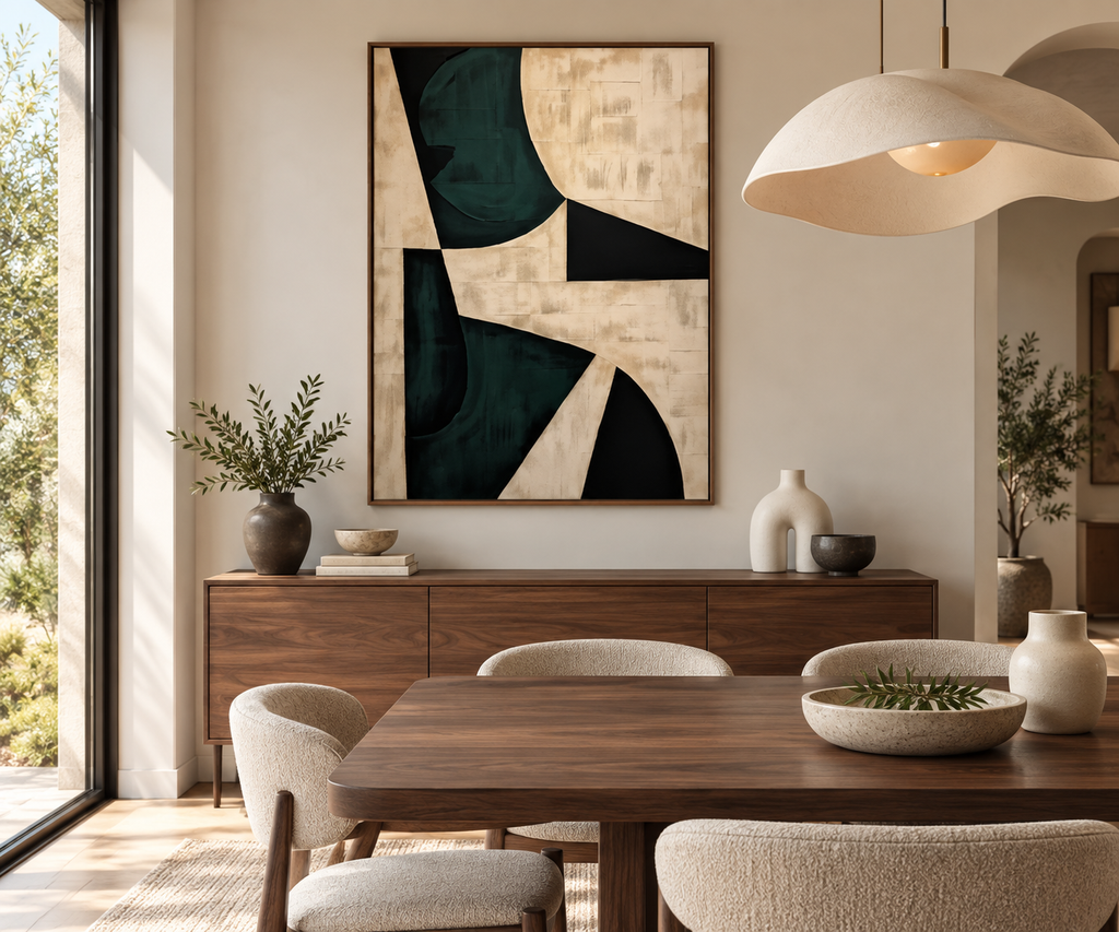 VERNA black and green abstract wall art in a dining room