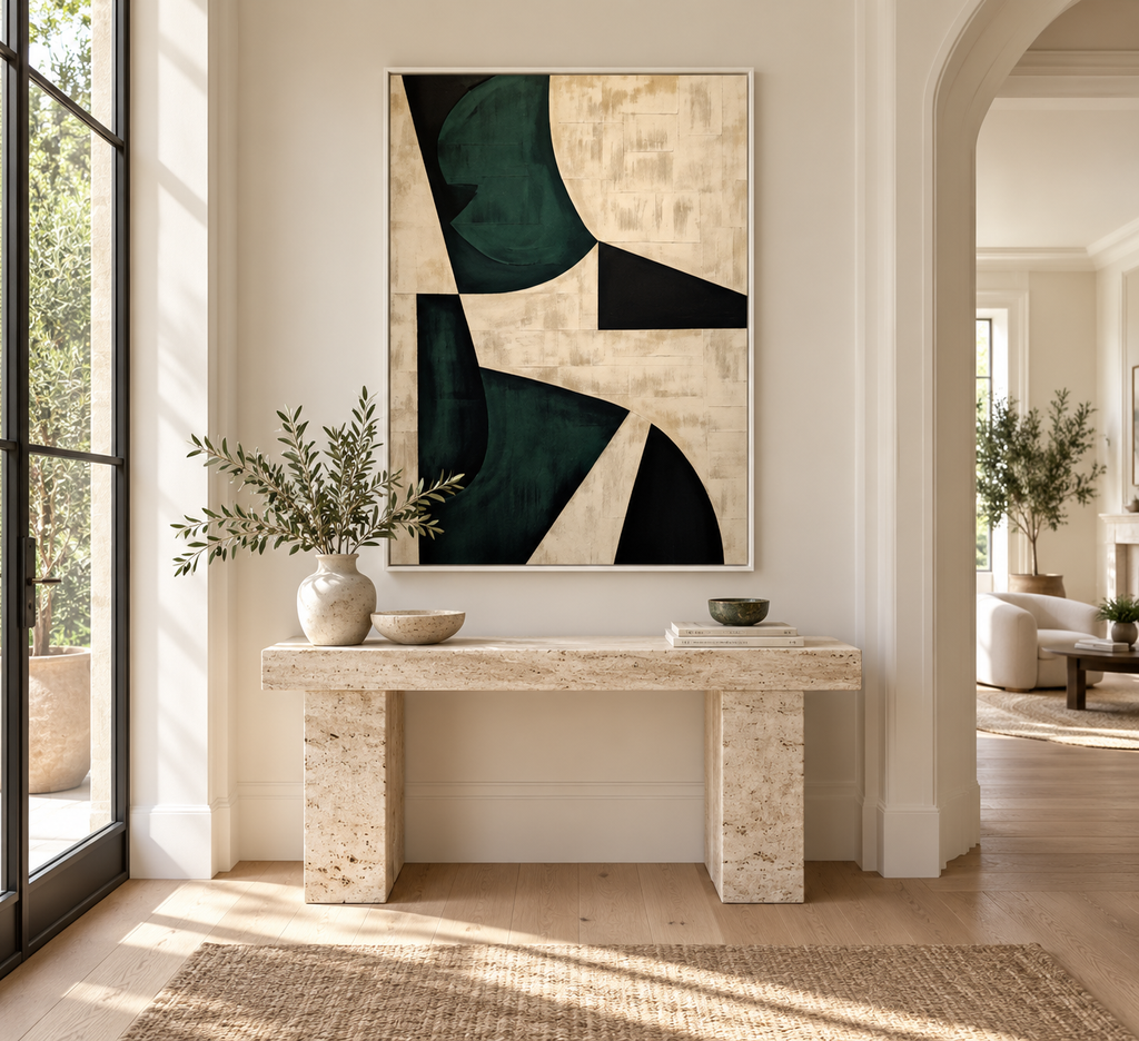 VERNA white framed green geometric wall art in an entryway