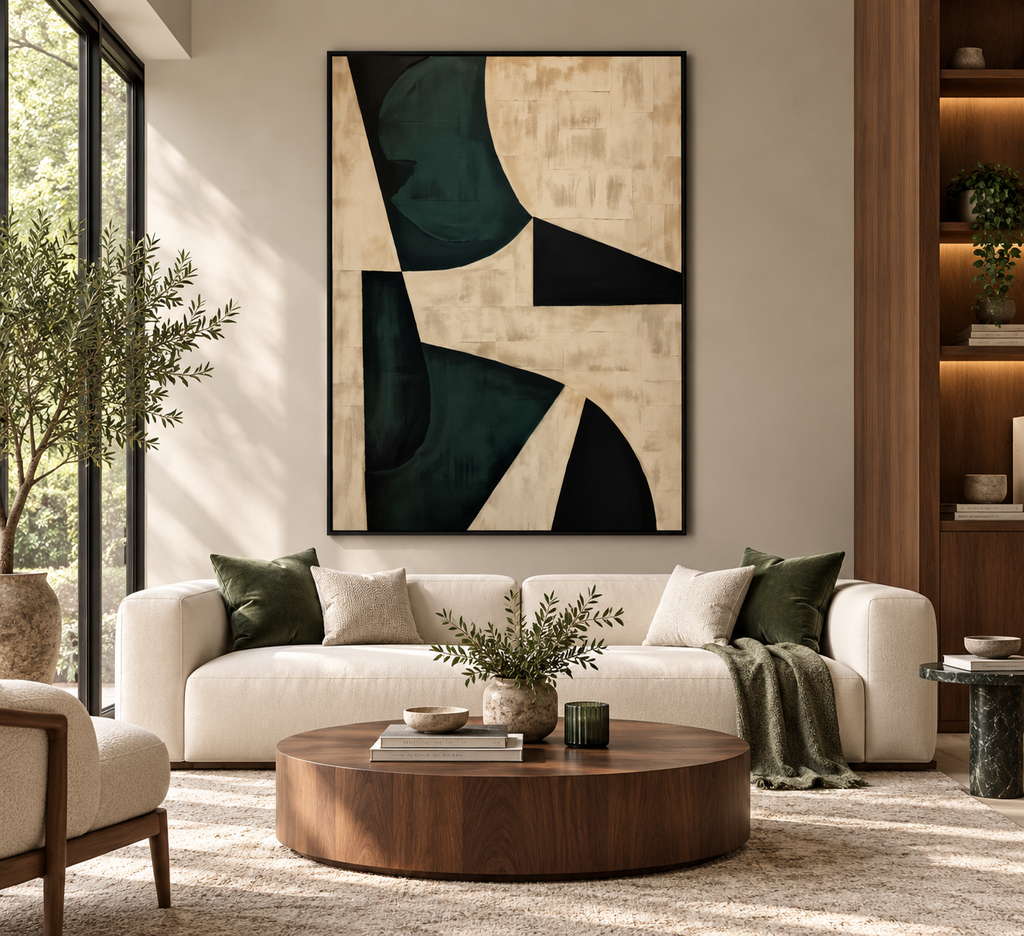 VERNA forest green abstract wall art above a cream sofa