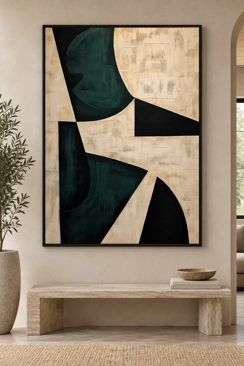 VERNA green black and ivory geometric abstract wall art close-up