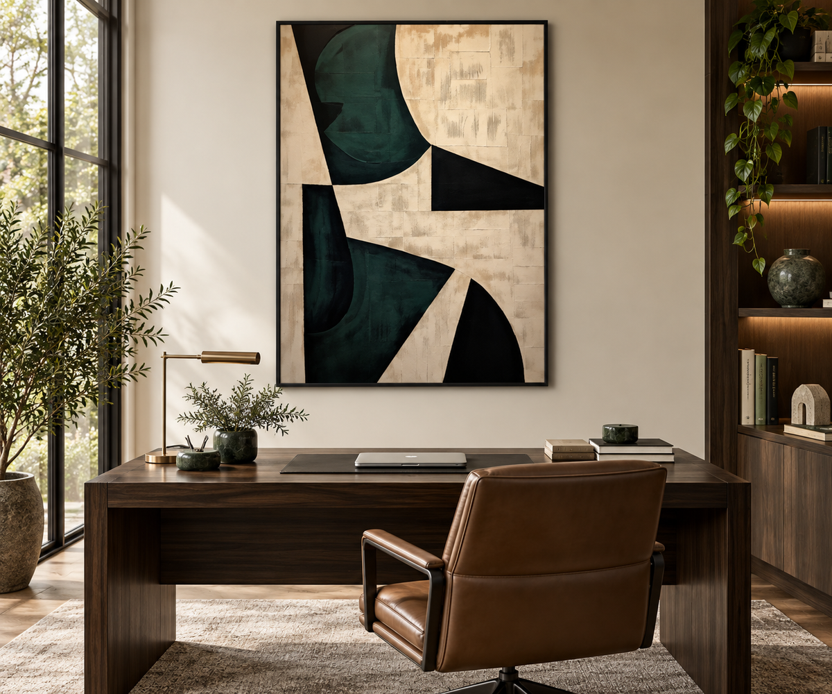 VERNA forest green abstract painting in a home office