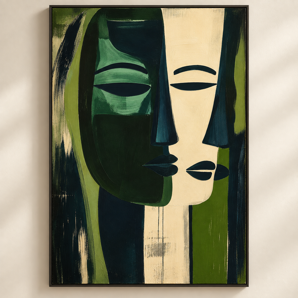 ELARA forest green and ivory abstract face wall art close-up