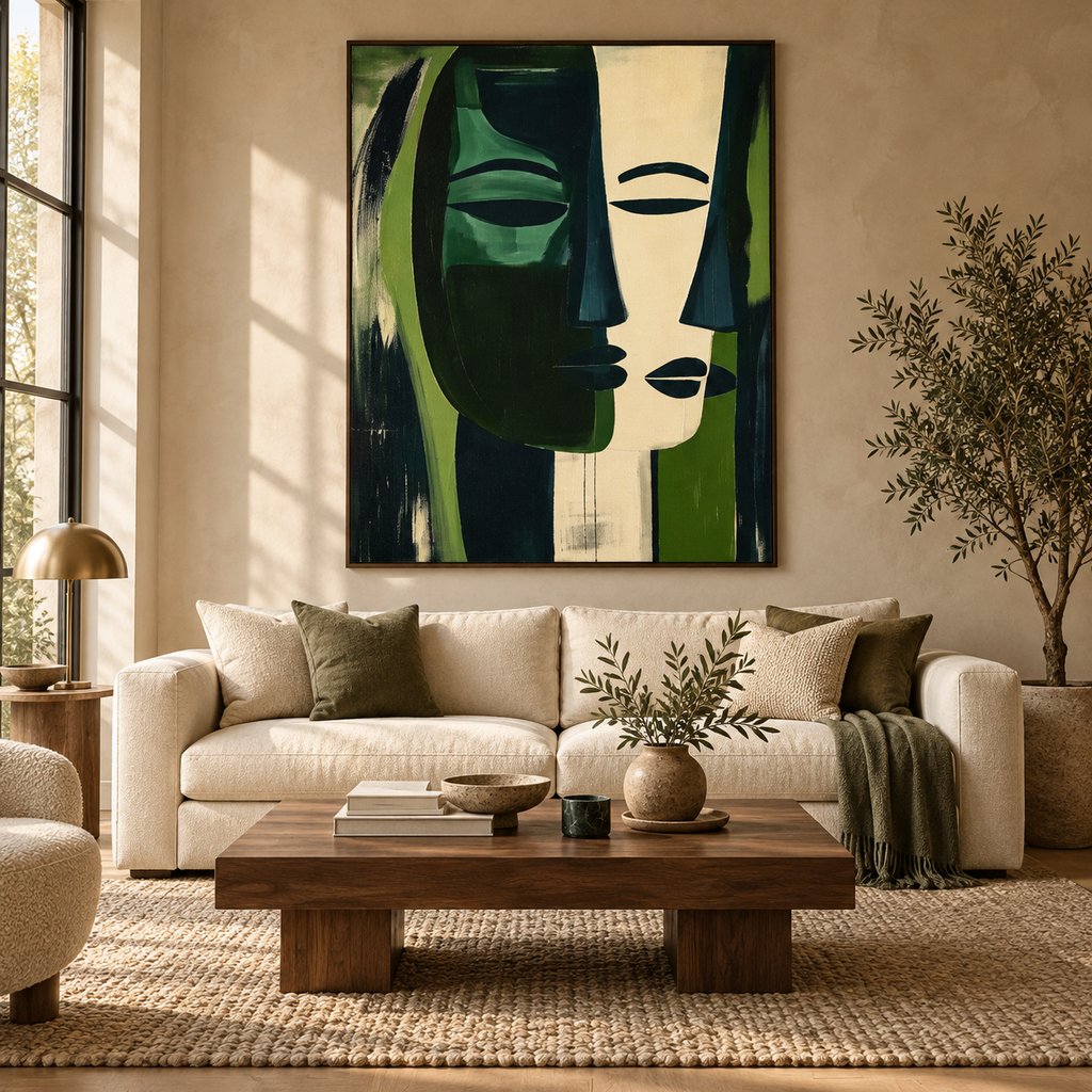 ELARA forest green and ivory abstract face wall art in a contemporary living room
