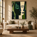ELARA forest green and ivory abstract face wall art in a contemporary living room