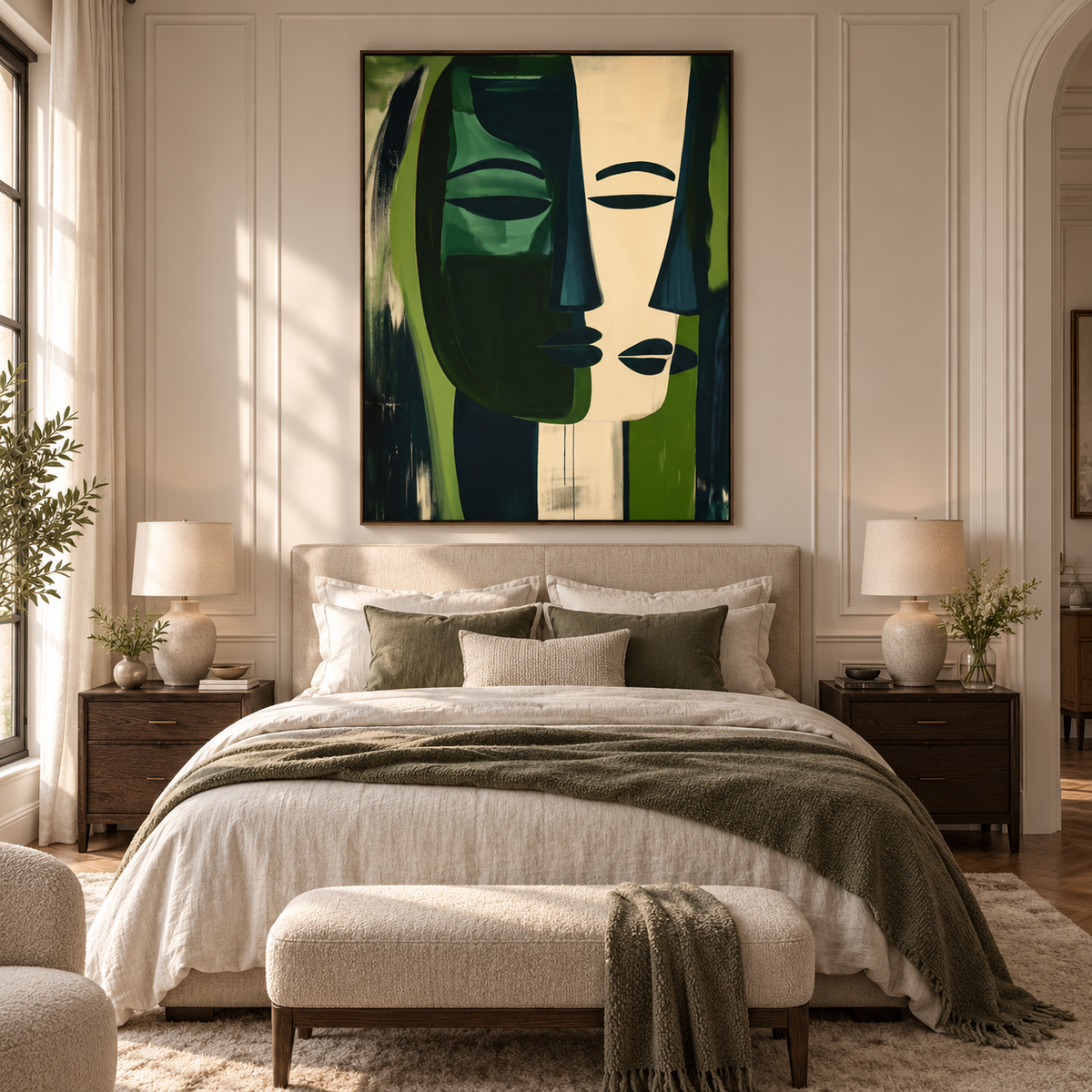 ELARA forest green and ivory abstract face wall art above an elegant bedroom